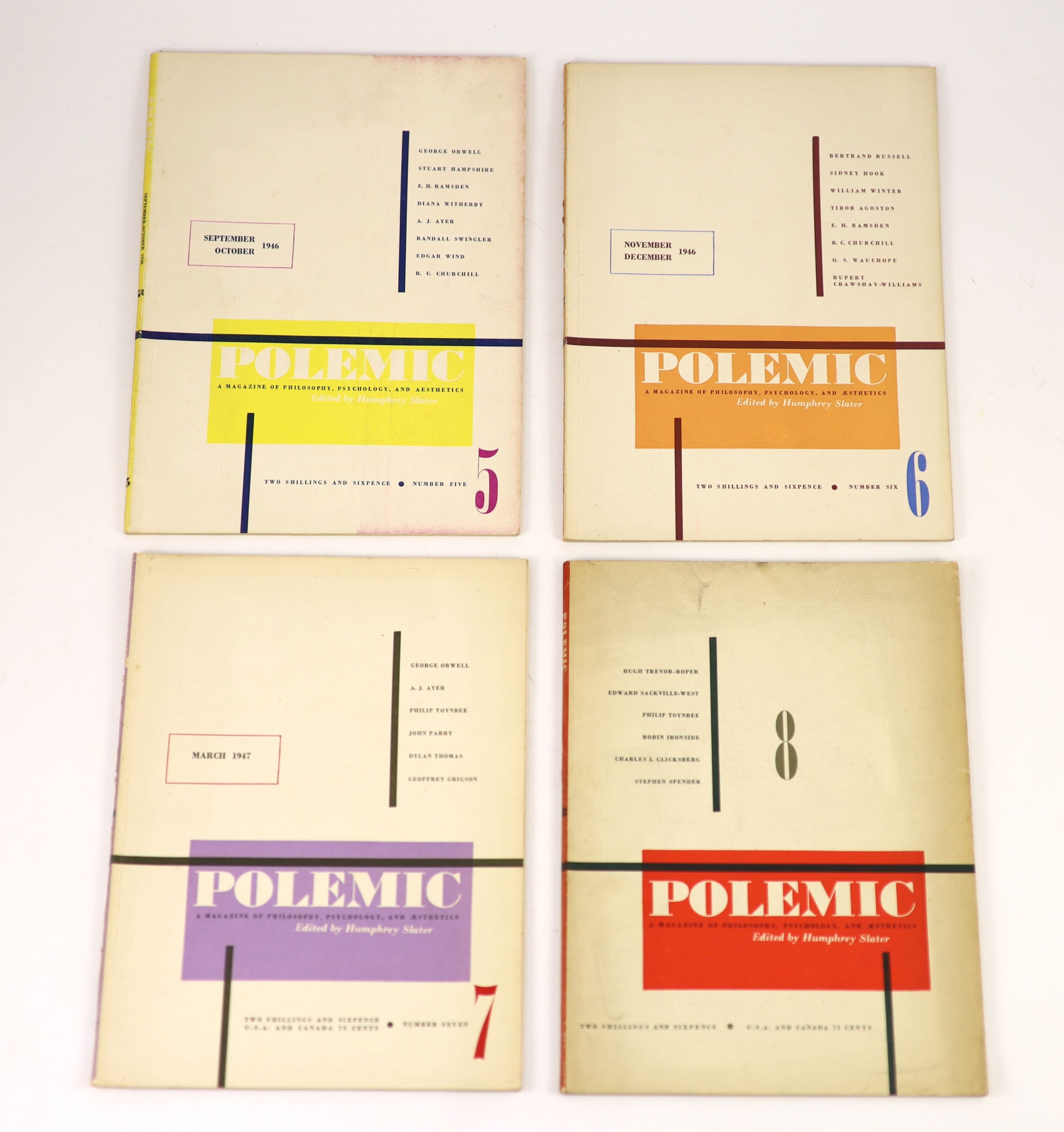 Slater, Humphrey - Polemic: A Magazine of Philosophy, Psychology, and Aesthetics, issues 1-8, [all pbd], with contributions by George Orwell, Bertrand Russell, Ben Nicholson, Dylan Thomas and others, 4to, vol. 1 stiff ca